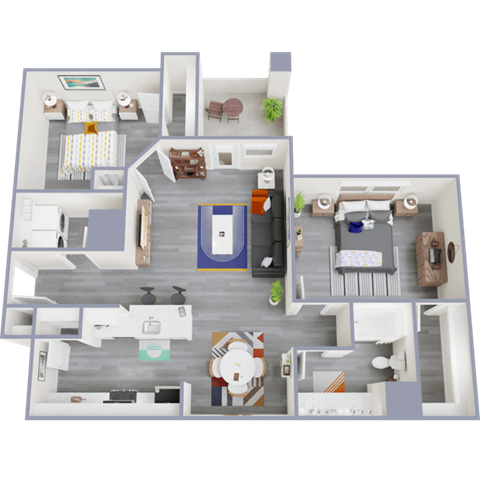 a 3d floor plan of a 3 bedroom apartment
